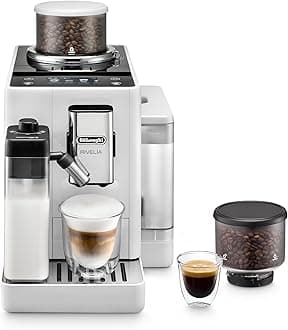 Rivelia Automatic Espresso Machine with Grinder & Milk Frother – All-in-One Coffee Maker, Hot & Iced Latte, Cappuccino, Bean Switch System, Burr Grinder, Compact Italian Design, White