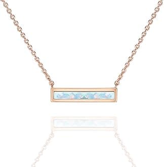 14K Gold Plated Thin Bar Green/White Created Opal Necklace Pendant 16-18"
