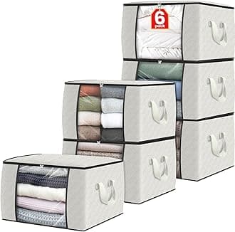 6 Pack Clothes Storage, Foldable Thick Fabric Blanket Storage Bags, Containers for Organizing Bedroom, Closet, Clothing, Comforter, Organization with Handle,Ivory White