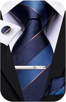Hi-Tie Navy Blue Gold Stripe Mens Ties and Clip Pin Set Silk Woven Tie Pocket Square Cuff links Italian Designer Necktie, M (N-3201)