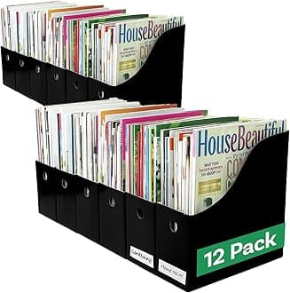 - Magazine File Holder - Set of 12 Black - Office Desk Organizer - Sturdy Cardboard - New Upgraded Double Front Panel for More Stability - Full 4 Inch Wide - Easy Assemble