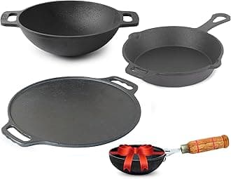 Pre-Seasoned Cast Iron Cookware Set+ Free Tadka Pan|Tawa (30.5 Cm)+ Kadai (25.4 Cm/2.3L)+ Fry Pan (23 Cm/1.4L)|Kitchen Cooking Combo Pots & Pans Set of 4Pcs|Naturally Nonstick Black