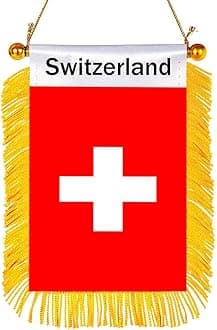 WXTWK 3 X 5 Inch Switzerland Flag Swiss Window Hanging Flag Small Mini Car Flags Banners Rearview Mirror Decoration With Suction Cup Golden Fringy Banner