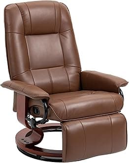 HOMCOM Swivel Recliner Chair, PU Leather Reclining Armchair with Retractable Footrest, Lounge Chair with Wood Base and Adjustable High Back for Small Spaces, Living Room, RV, Bedroom, Brown