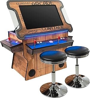 Creative Arcades Full Size Commercial Grade Cocktail Arcade Machine w/Lifting Screen | Trackball | Three-Sided | 4 Sanwa Joysticks | 2 Stools (4500 Games & 32" Screen & Woodgrain Edition)