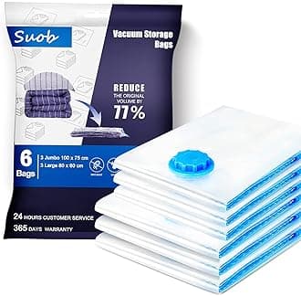 Suob Vacuum Storage Bags - Eco-Friendly Compression Bags for Space Saving, Ideal for Bedding, Pillows, Clothes and Blankets - 6 Pack (3XL, 3L) Vacuum Seal Bags for Home Organization and Storage
