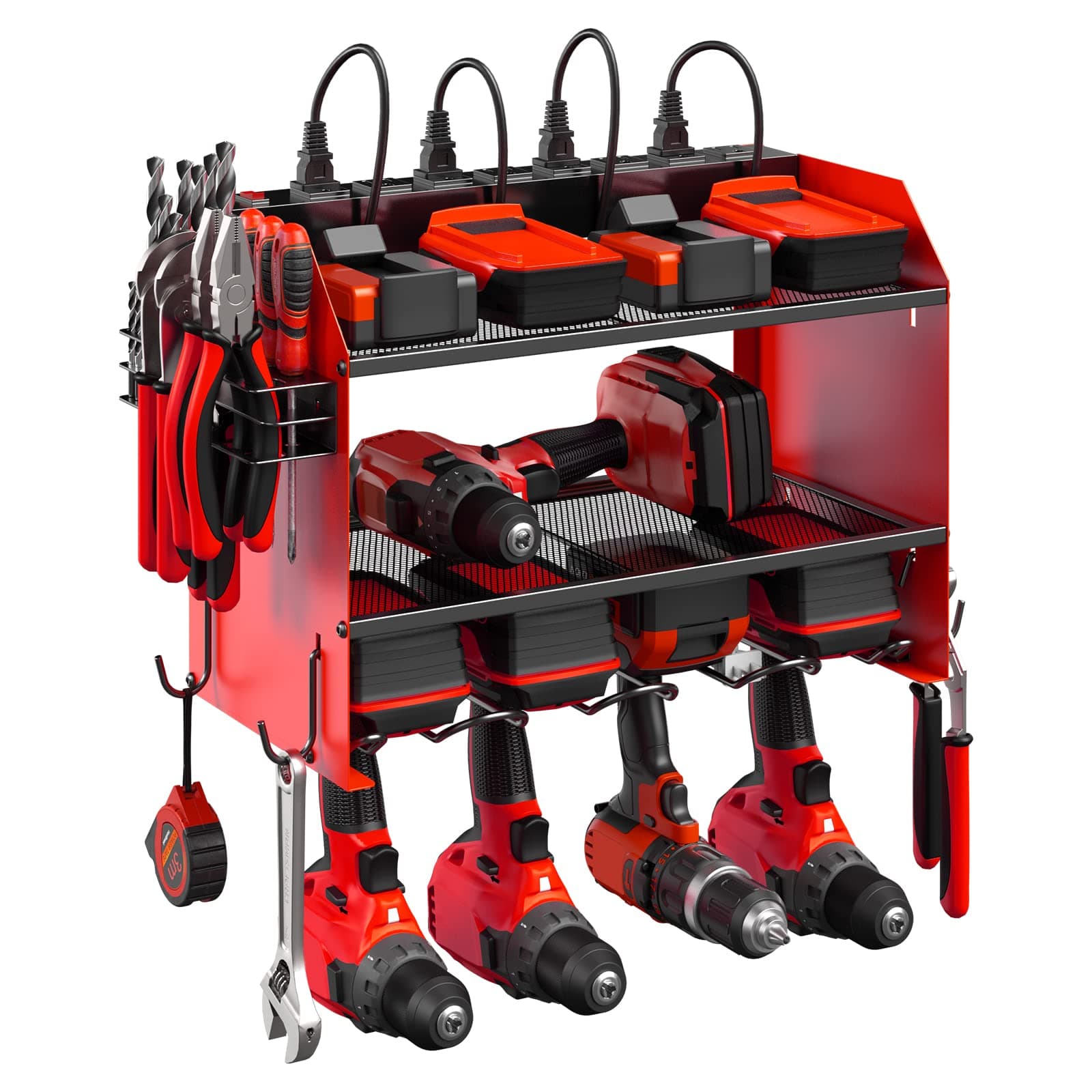 CCCEI Modular Power Tool Organizer Wall Mount with Charging Station. Garage Drill Storage Shelf with Hooks, Heavy Duty Rack, Tool Battery Holder Built in 8 Outlet. Gift for Men. Red, 1 Pack.