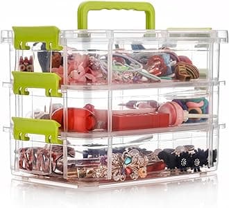 UCRAVO 3 Layer Storage Box Clear Stack & Carry Box, Portable Craft Organizers, and Storage Bin for Organizing Arts & Crafts, Sewing, Makeup,Supplies Ideal Hobby Organizer (MultiColor)