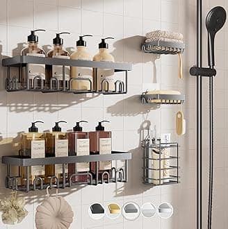 Veken Adhesive Shower Caddy 5-Pack,Heavy Weight Bearing,Large Wall Mounted Shower Shelves Rack,Organizer Storage Accessories with Soap Dish&Toothbrush Holder,Ideal for Bathroom,Home&Kitchen,Gray