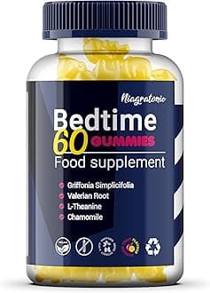 Bedtime Gummies with Griffonia Seed Extract, 5-HTP 60 Gummies Vegan, Gluten-Free, Passion Fruit Flavour, Valerian Root, Chamomile, L-Theanine, Melatonin Free Food Supplement