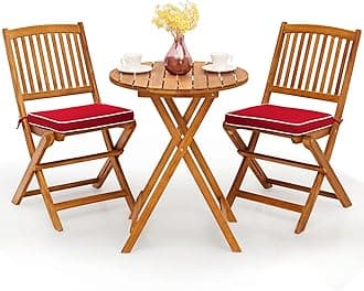 Giantex 3Pcs Patio Bistro Set, Wood Folding Table Set, 2 Cushioned Chairs for Garden Yard, Outdoor Furniture Round Table, Natural & Red