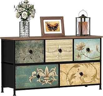 Tohomeor Dresser with Drawers for Bedroom Chest of Drawers Fabric Dresser for Closet,Nursery Entryway Hall Tree TV Stand for Living Room Retro Floral Pattern Drawers Wooden Top (5 Drawers)