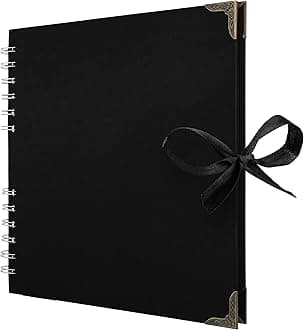 Bstorify Square Scrapbook Photo Albums 60 Pages (21 x 21 cm) Black Thick 250gsm Kraft Paper Scrap Book, Ribbon Closure - Ideal for Your Scrapbooking Albums, Art & Craft Projects (Black 21 x 21 Cm)
