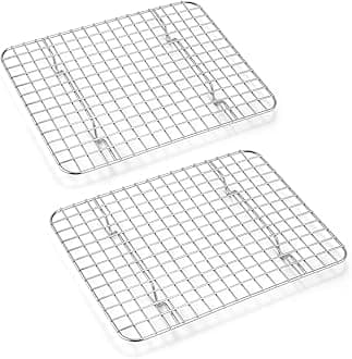 Small Baking Cooling Rack Set of 2, E-far Stainless Steel Toaster Oven Rack for Cooking Roasting Grilling Meat, 8.6” x 6.2” Metal Bakeable Wire Racks for Cookie Cake Bacon - Dishwasher Safe