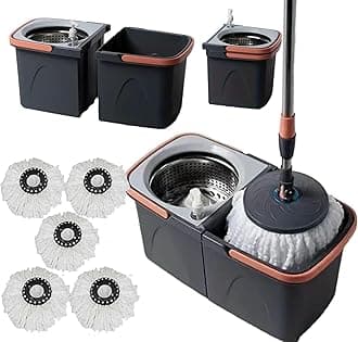 *NEW* SWISSPACK Revolving Spin Mop and Bucket With .5. Extra Pads Perfect For Easy Cleaning. Clean and Dirty Water Separtered For Perfect Finish (ORANGE-GREY) (ORANGE-GREY 2)