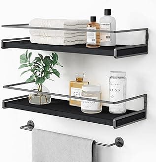 Black Floating Shelves for Bathroom Wall Set of 2, Kitchen Spice Rack Wall Mount, Modern Wood Hanging Wall Shelves for Bedroom Organizer, Restroom Pantry Closet Storage (Grey-Black)