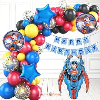 Party Town Superman Balloon Pack - 73 Pcs | 32-Inch Superman Foil + Metallic Latex Balloons, Birthday Paper Banner, Confetti Balloons (Superman)