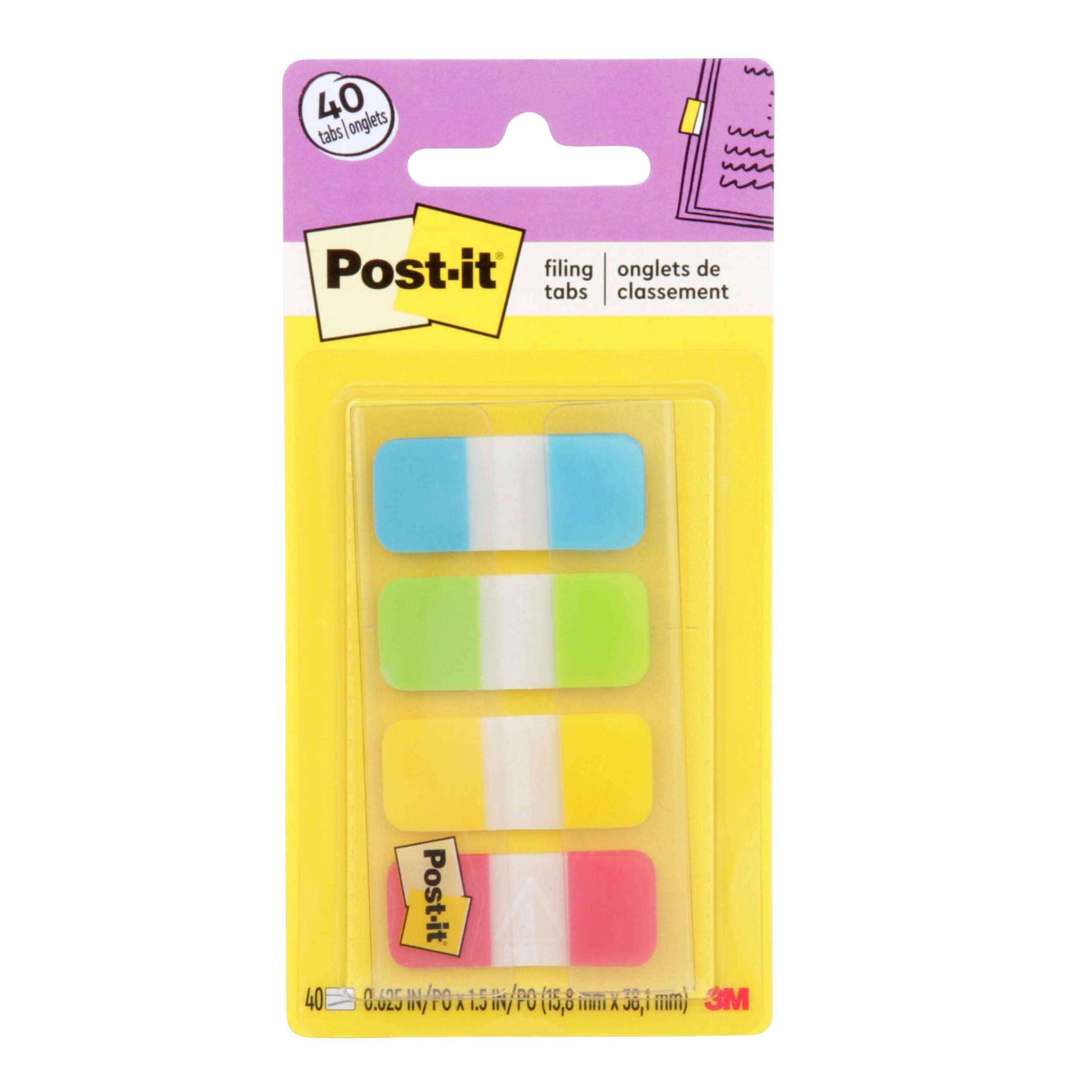 Post-it Sticky Tabs, 0.625 in x 1.5 in., 4 Pads of Book Tabs in Assorted Colors for Bookmarking, Annotating, Reading, and Reminders, Blue, Green, Yellow, and Red Colors (40 Total Count)
