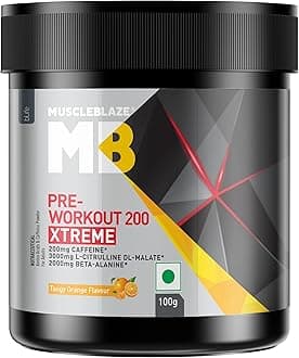- MuscleBlaze Pre Workout 200 Xtreme Powder, Tangy Orange (15 Servings, 100g) | 200mg Caffeine, 3000mg Citrulline