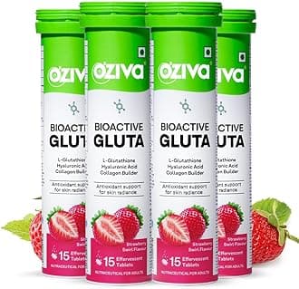 OZiva Bioactive Glutathione Tablets for Radiant Skin - 60 Effervescent Tablets (Pack of 4) | L-Glutathione, Hyaluronic Acid, Lycopene, Vitamin C For Glow & Even Toned Skin | Strawberry Swirl