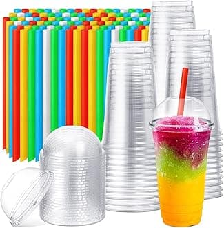 Lallisa 100 Sets Clear Plastic Cups with Dome Lids and Colorful Straws, Disposable Slushie Smoothie Cups PET Beverage for Party Iced Coffee Cold Drinks Juice Milkshake Fruit Tea Dessert(24 oz)