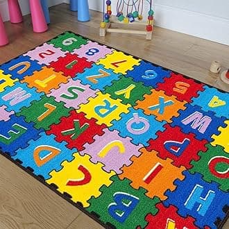 Champion Rugs Large Classroom Rugs Kids Alphabet (A-Z and 1-9) Puzzle Area Rug Non Slip Gel Backing (62” x 85”)