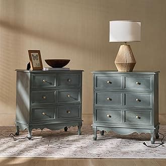 3-Drawer Nightstand with Charging Station, Farmhouse Solid Wood Nightstand Set of 2(Blue)