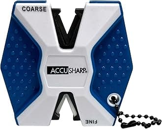 Pull Through Knife Sharpener Keychain, 2-Stage Sharpener for Straight or Serrated Kitchen Knives, Handheld Tool for Fishing & Hunting, White/Blue