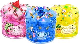 Keemanman Slime Kit - 3 Pack Jelly Cube Clear Crunchy Slime with Blue, Watermelon and Pineapple Charms, Preppy and Aesthetic Stuff, Cute Stress Toys and Cool Birthday Gifts Ideas for Girls and Boys
