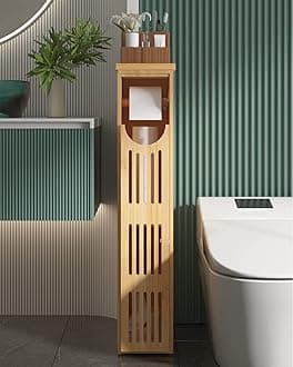 AmazerBath Toilet Paper Storage Cabinet Bamboo, Toilet Paper Holder with Storage for Small Spaces, Slim Bathroom Storage Cabinet, 33x7.3x6.5 Inches