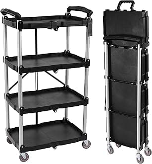Elevon Folding Utility Cart, Portable Collapsible Service, 4 Shelf Heavy Duty Collapsible Tool with Wheels, Suitable for Office Warehouse Home, Black