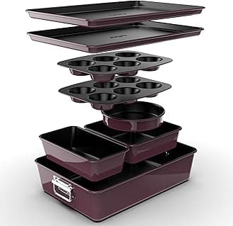 NutriChef Non-Stick Bakeware Set 8-Piece, Stackable Oven-Safe Baking Trays, Cookie Sheet, Loaf, Muffin, Pizza, Round, Square Cake Pans, Space-Saving Kitchen Bakeware