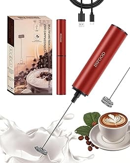 INFOOD Milk Frother Rechargeable with Cover - Coffee Frother Wand, Drink Mixer Handheld with 2 Detachable Stainless Whisks 2 Speed Adjustable for Latte, Cappuccino, Hot Chocolate, Egg, Red