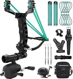 oubert Powerful Slingshot Fishing Kit with Reel Foldable Slingshot Bowfishing Kit with Fishing Darts and Hand Guard Wrist Slingshot for Fishing and Hunting