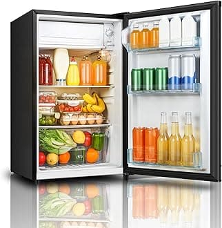 Seaoola Mini Fridge with Freezer, Single Door 4.4 Cu.Ft, Compact Mini Refrigerator, LED Light, Adjustable Thermostat, Removable Glass Shelves, Small Refrigerator for Dorm/Office/Bedroom(Black)