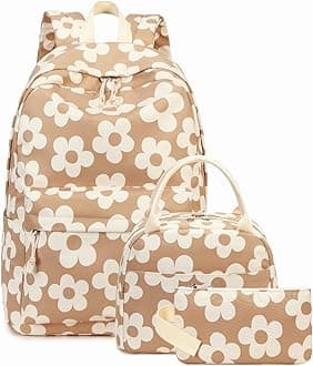 Bluboon Teens Backpack Set Girls School Backpack Lunch Box Pencil Bags Student Bookbags 3 in 1 (Beige Large Flower 157 Brown)