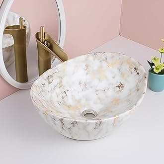 SEA SHORE IMPORTED Premium Designer Table Top Ceramic Wash Basin | Over Counter Bathroom Basin | Vessel Sink with Slim Rim Counter Top for Bathroom (16 x 12 x 5.5 Inch, White Gold Spot)