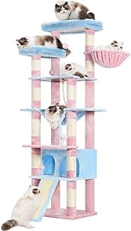 Heybly Tall Cat Tree,78 inch Multi-Level Cat Tower for Indoor Cats,2 Widened Plush Perches Cat Condo with Scracthing Board and Big Caves,Blue and Pink HCT033BP