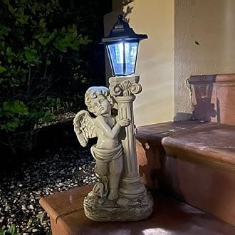 Angel Statue with Solar Lights (Left) 19.7 Inch, Outdoor Solar Angel Garden Statue with Roma Pillar for Garden Lawn Deocr, Christian Religious Gift