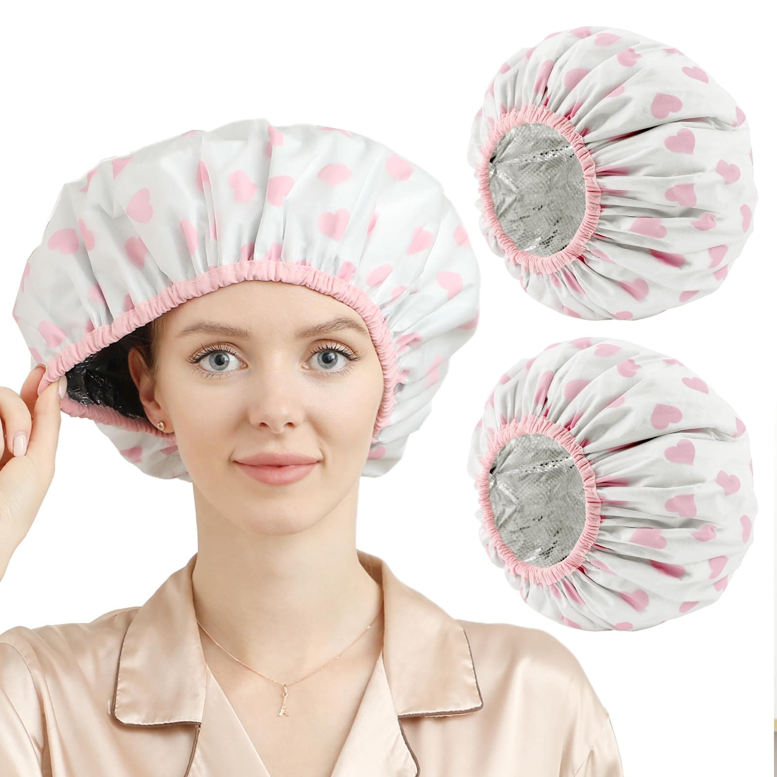 2 Pieces Heat Cap for Deep Conditioning, Conditioning Cap Made of Aluminum Foil for Home and Salon Use, Hair Dyeing（White pink）
