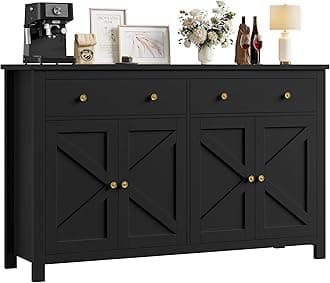 FirFurd Sideboard 140cm Large Kitchen Sideboard Storage Cabinet Black Kitchen Cabinet Cupboard with 2 Drawers 4 Doors Adjustable Shelves for Living Room Dining Room 140x40x89cm