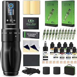 INKin Tattoo Kit for Beginners Complete Set, Wireless Tattoo Machine with 2.0mm-4.0mm Adjustable Stroke Length and 1600mAh Power Supply, 20Pcs Revo Tattoo Needles Assorted and 9Pcs Tattoo Inks
