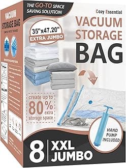 Cozy Essential Vacuum Storage Bags, 80% Compression Vacuum Seal Space Saver Plastic Packaging Bags for Clothes, Blankets, Pillow, Bedding, Comforters, Sealer Clothing Storage,8 XXL Jumbo