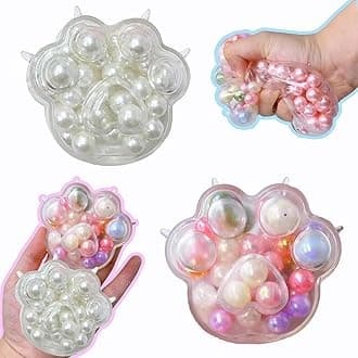 2 Pcs Handmade Grape Noisy Squishy Ball for Adults, Colorful and White Beads Cat Paw Sensory Fidget Toys for Kids Stress Relieve Squeeze Toys