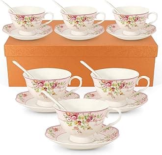 Cup and Saucer Sets of 6 with Spoon, 8oz Ceramic Tea Cups Saucers Set Porcelain New Bone China Floral Vintage Coffee Cup & Saucer Sets -Microwave Dishwasher Safe (Pink)