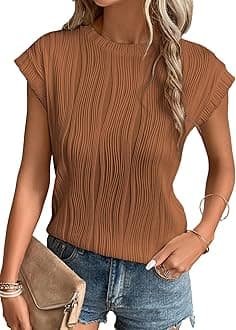 EVALESS Women's Cap Short Sleeve T Shirts 2025 Fashion Casual Spring Summer Crew Neck Loose Fit Textured Tops Plain Basic Tee Blouses Clothes Brown XX-Large