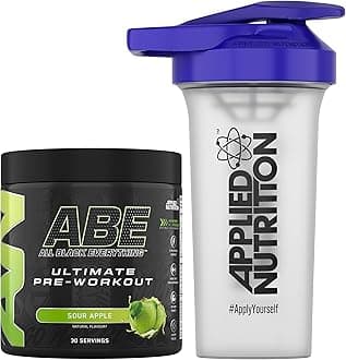 Bundle ABE Pre Workout 375g + 700ml Protein Shaker | All Black Everything Pre Workout Powder, Energy & Physical Performance with Creatine, Beta Alanine (Sour Apple)