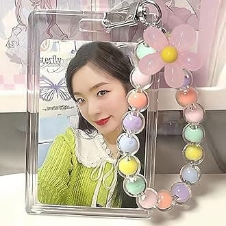Acrylic Kpop Photocard Holder Keychain Photo Card Holders 3 Inch ID Badge Holder Bus Card Colored Beads Flower Pendant for Card Holder,Phone,Album (Pink Flower)