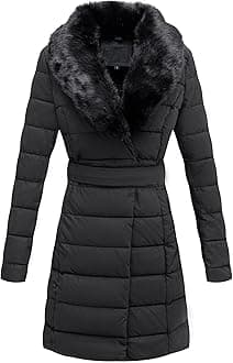 Bellivera Women's Winter Puffer Jacket Cold-Resistant Patchwork Plush Lining Coat with Removable Fur Collar Hooded and Belted