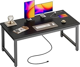 55 x 24 inch Desk with Power Outlets & USB-C, Deeper & Thicker Desktop, Robust Metal Tubes, Computer Desk, Heavy Duty Office Desk, Work Gaming Desk for Home Office, Black